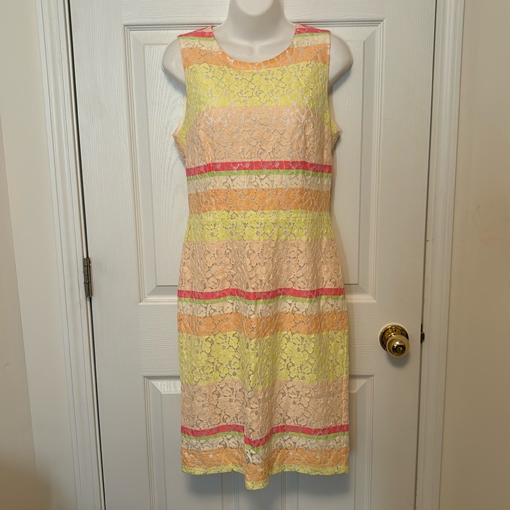 Ann Taylor Pastel Stripe Lace Sleeveless Dress Size 6 Fully Lined
